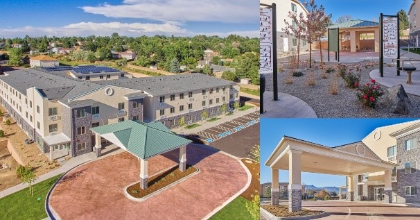 Collage of three images of the exterior of Hatler-May Village from different angles.